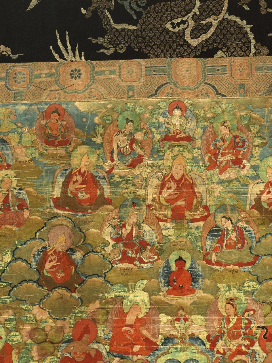 Detalj av tredje Panchen Lama Losan Penden Yeshe (gouache på tyg) av School Tibetan