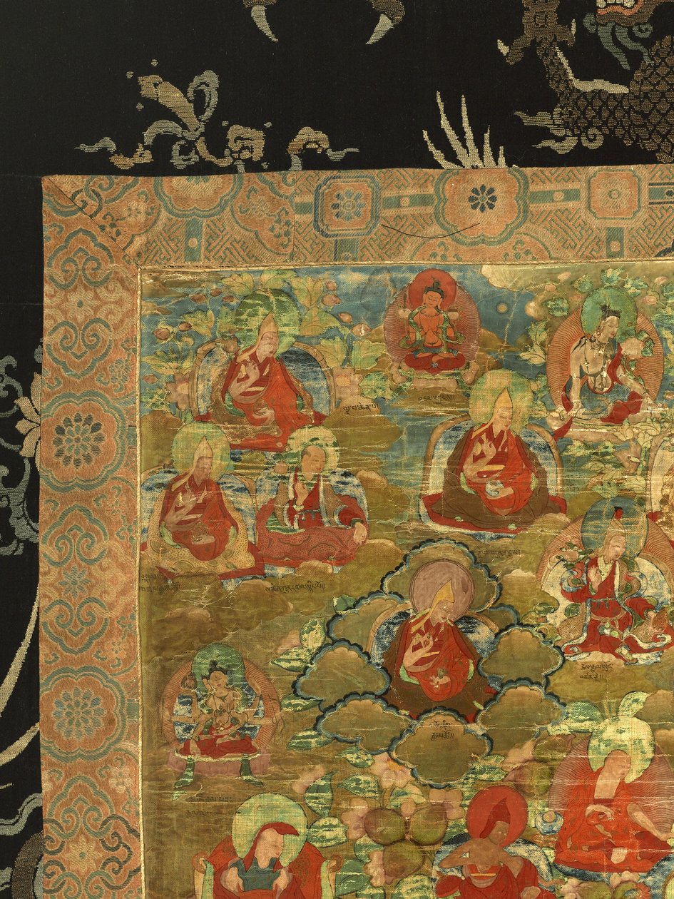 Detalj av tredje Panchen Lama Losan Penden Yeshe (gouache på tyg) av School Tibetan