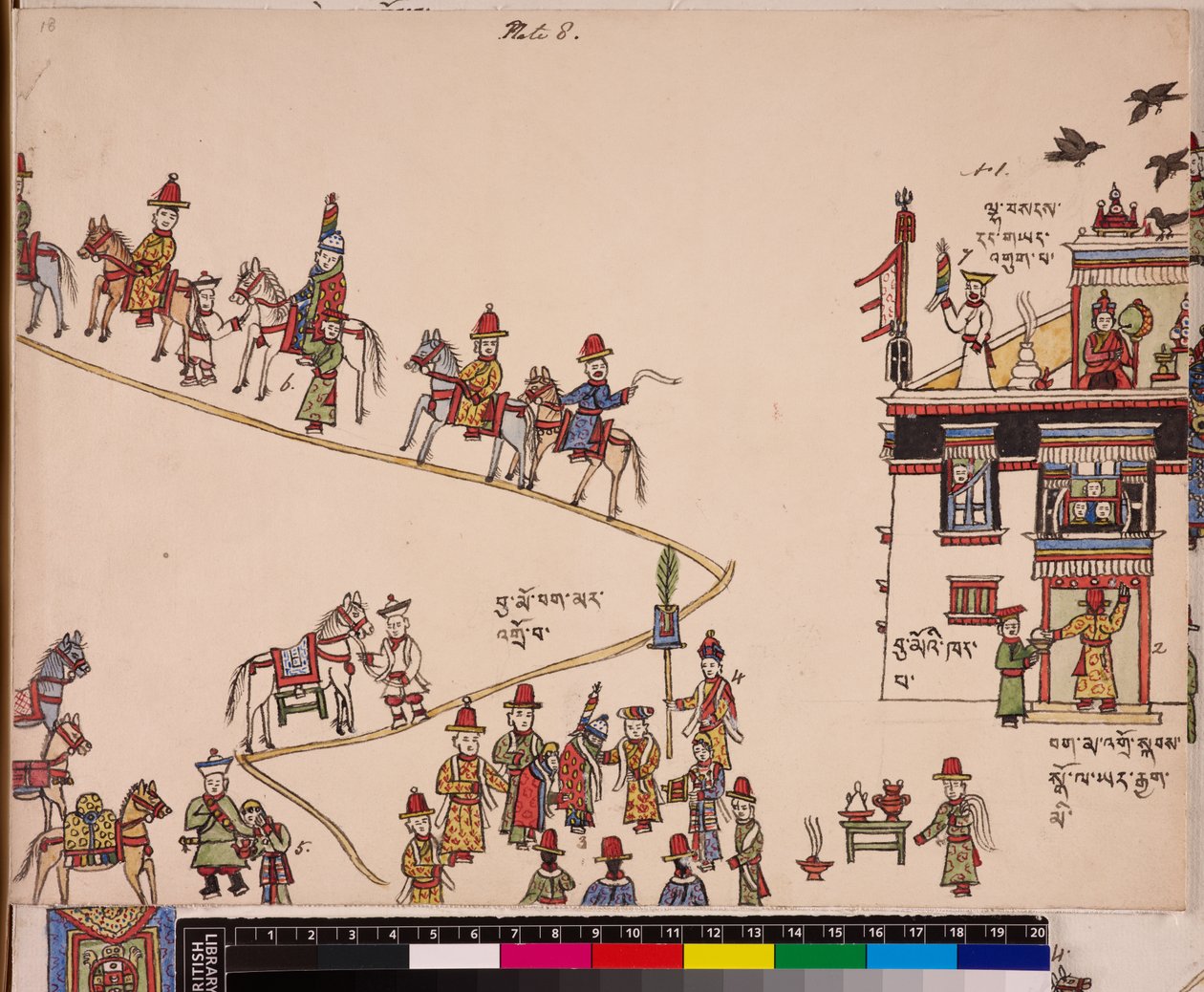 Illustration av en del av en bröllopsceremoni: bruden hämtas vid sitt hem, ca 1844 - 62 (pigment på papper) av School Tibetan