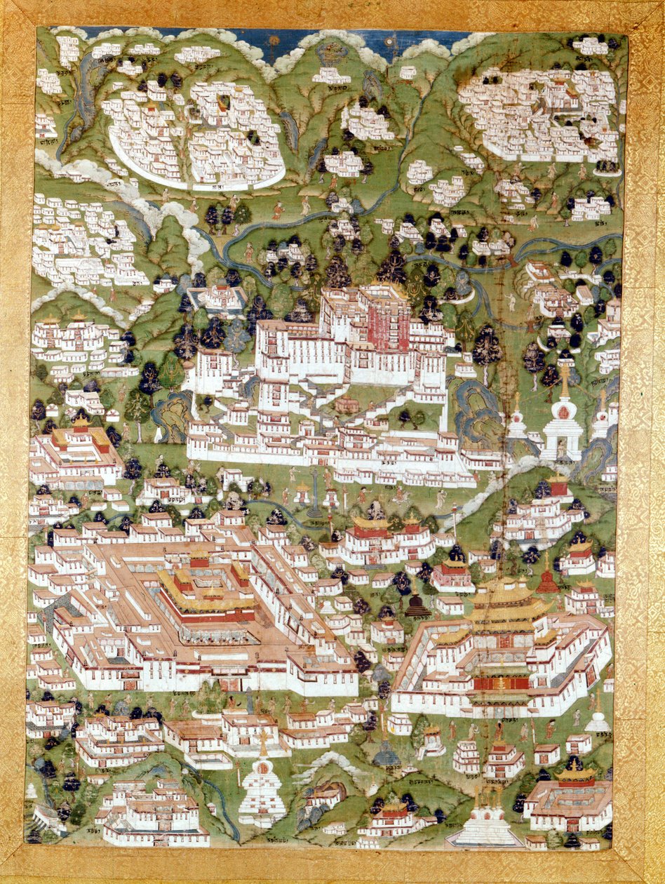 Representation av staden Lhasa, Tibetan Thai-Ka, Guimet Museum, Paris av School Tibetan