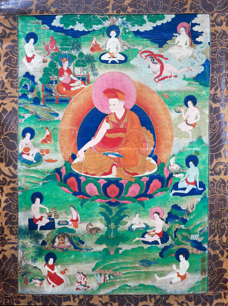 Lama Rjegrags Rtod Iha-pa-pad- dbang Graps med gloria och omgiven av många mahasiddha (yogis), levde i Indien och Tibet (600-1000-talet), Gouache på duk av School Tibetan