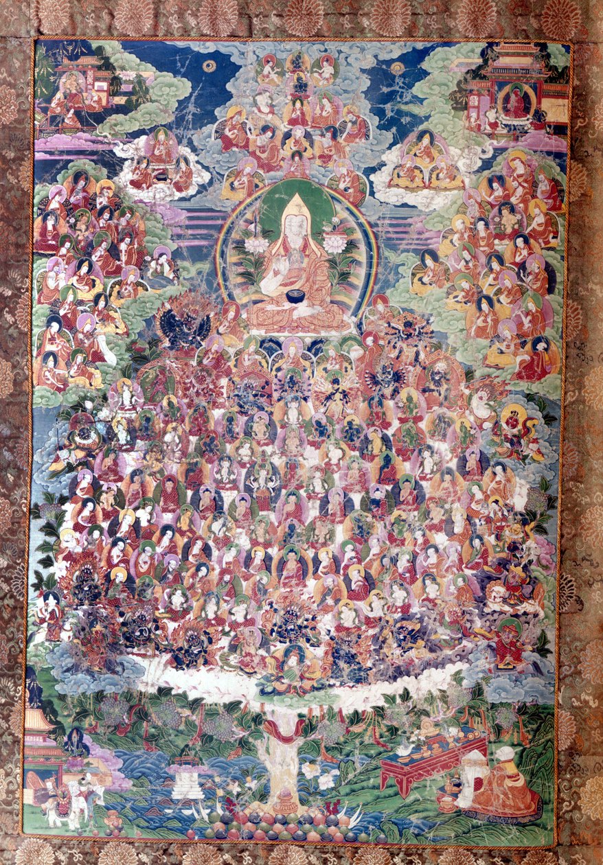Den store reformatorn Tsong ka Pa (mannen som kom från lökens dal). Född i provinsen Amdo i östra Tibet 1358, byggde klostren Ganden och Sera, införde en strikt liturgisk reform och införde iakttagande av klosterreglerna av School Tibetan