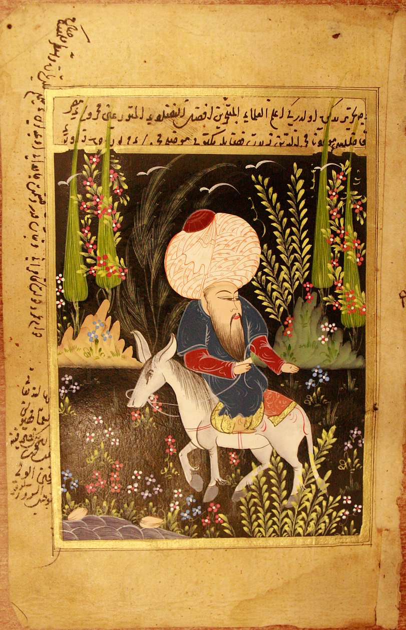 Nasr Eddin Hodja. (Nasreddin Hodja). Karaktären av muslimsk litteratur, mytiska ulema i Turkiet, efter att ha levt mellan 1200- och 1400-talen, beskrivs han enligt traditionen, sittande upp och ner på sin åsna. Anonym miniatyr, gouache på pergament, san av School Turkish