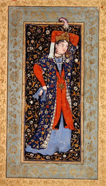 Kvinnlig dansare med näsdukar i varje hand, ca 1560 (gouache med bläck och guld på papper) av School Uzbek