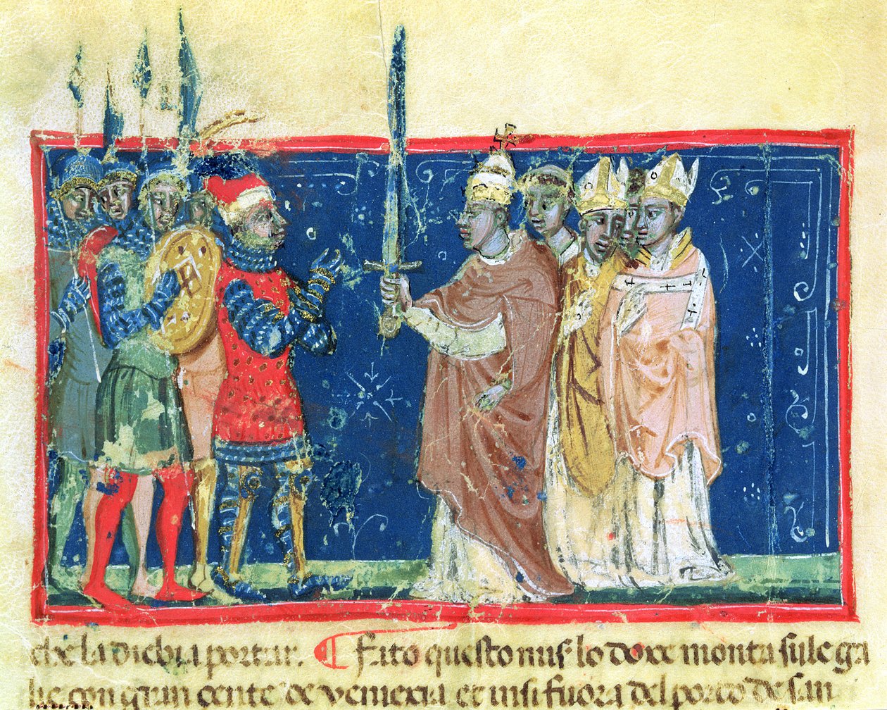 Codex Correr I 383 Påve Alexander III (1105-81) överlämnar svärdet till doge Sebastiano Ziani (pergament) av School Venetian