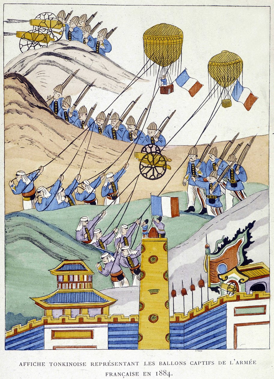Tonkinesisk affisch föreställande den franska arméns fångna ballonger 1884. av School Vietnamese
