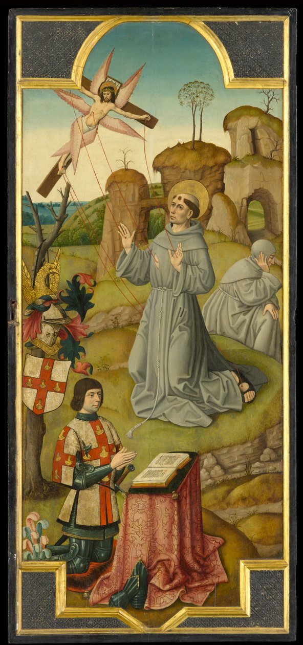 St Francis tar emot Stigmata; (verso) Kristus i Getsemane trädgård, cirka 1470 (olja på panel) av School of Amiens