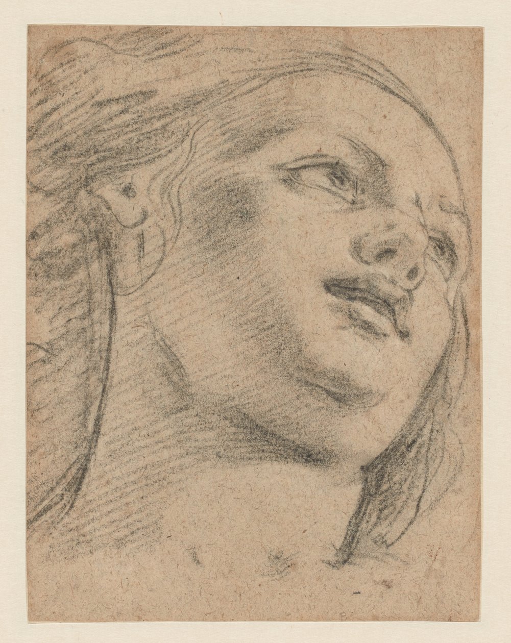 Kvinnlig huvudstudie tittar upp till höger (recto); Studie av två figurer som stödjer ett objekt (verso) av School of Guido Reni