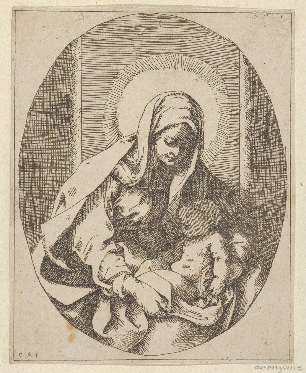 Jungfrun håller spädbarnet Kristus i sitt knä, en oval komposition, efter Reni, 1620-50., 1620-50. av School of Guido Reni
