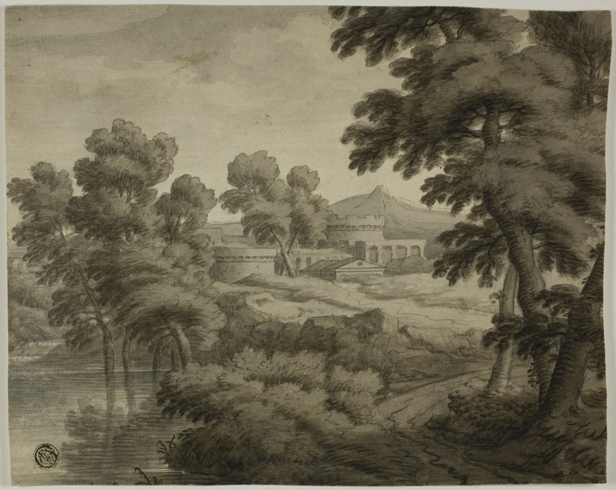 Italienskt landskap med slott, träd och vatten i förgrunden av School of Nicolas Poussin
