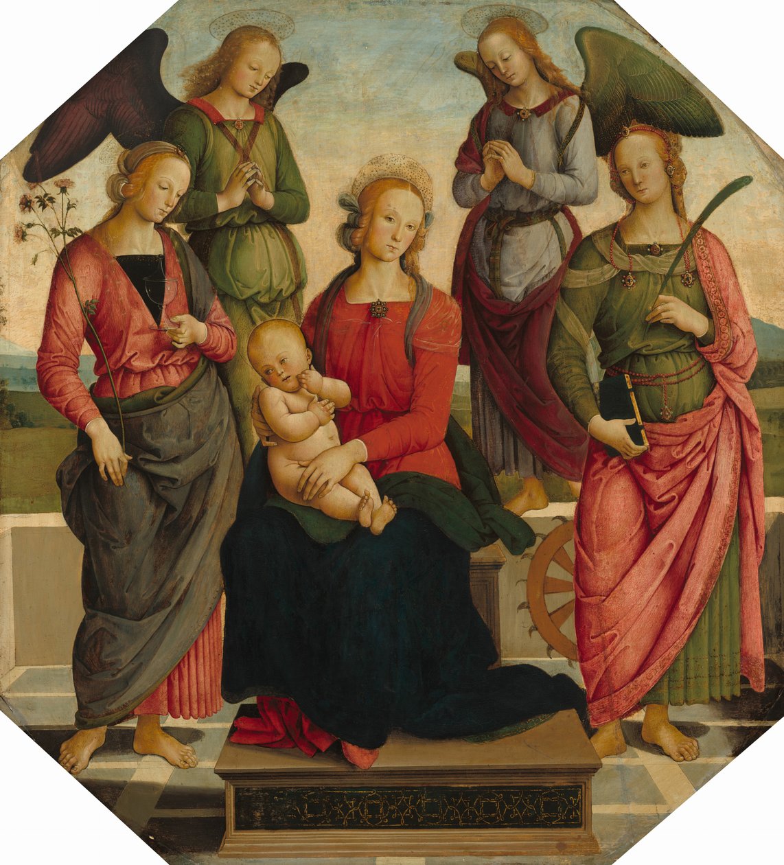 Madonna och barn med två änglar, Saint Rose och Saint Catherine of Alexandria, tidigt 1500-tal av School of Perugino