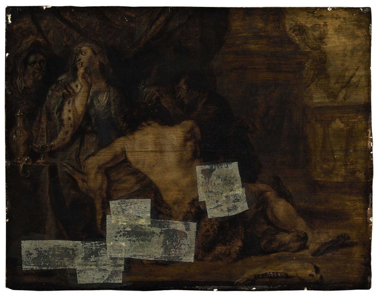 Simson, som sover i Delilahs knä, blir avklippt (Domarboken 16:19) av School of Peter Paul Rubens