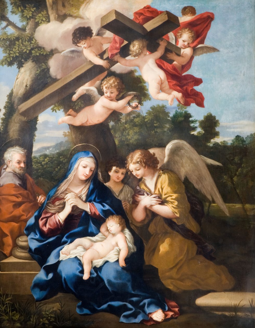 Den heliga familjen med änglar, 1700. av School of Pietro Cortona