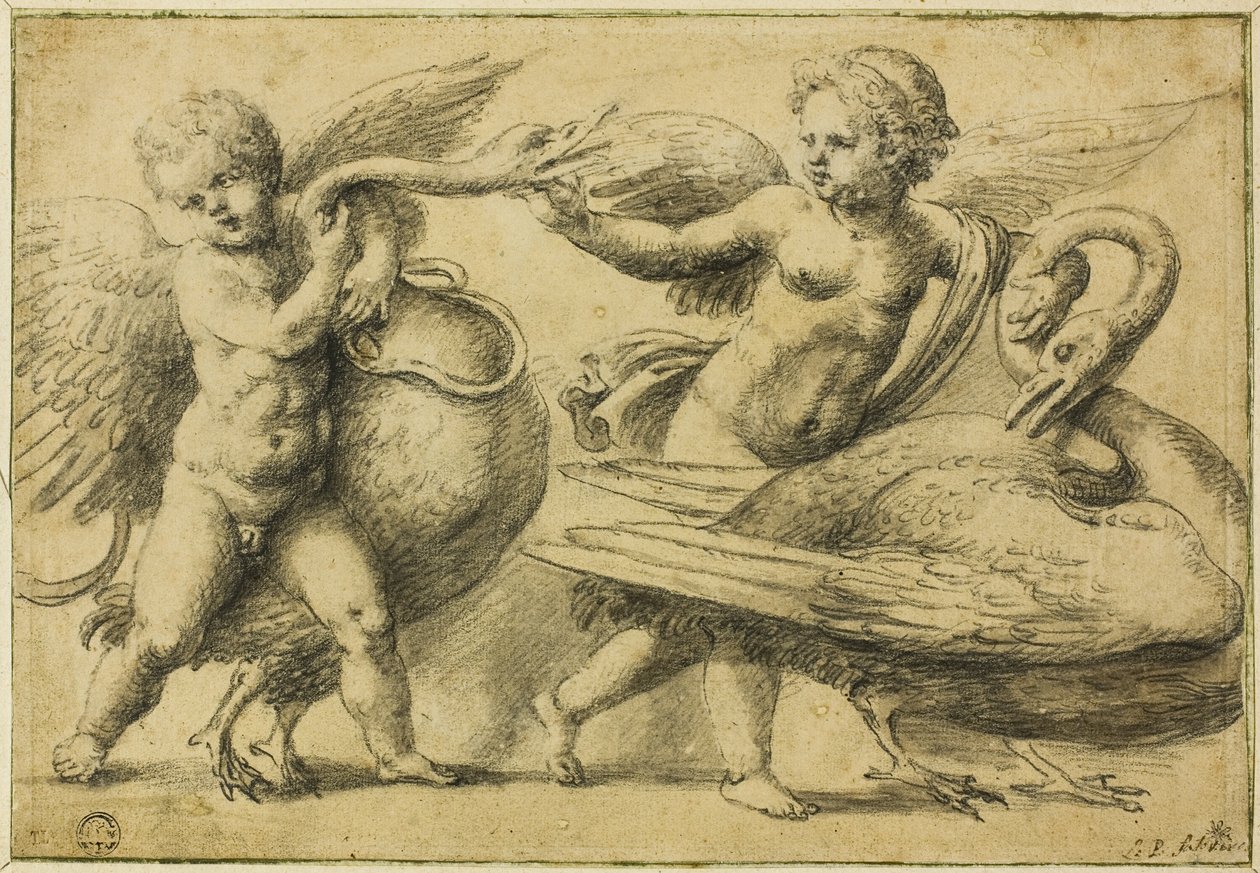 Putti leker med svanar av School of Raphael