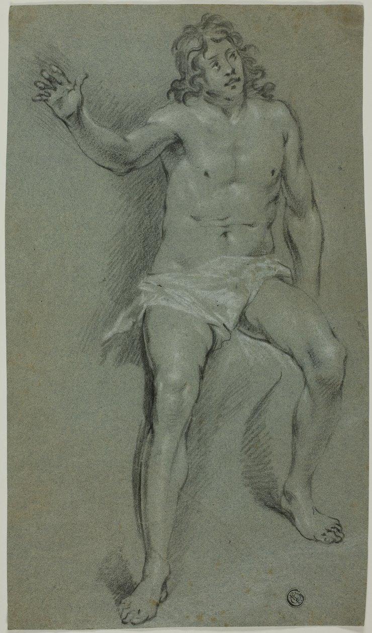 Sittande manlig nakenbild (recto); skisser av hand och pojkhuvud (verso) av School of Rembrandt van Rijn