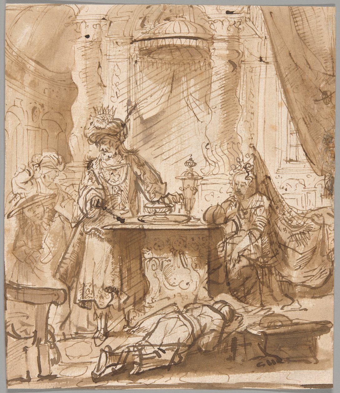Hamans förnedring inför Ahasveros och Ester av School of Rembrandt van Rijn