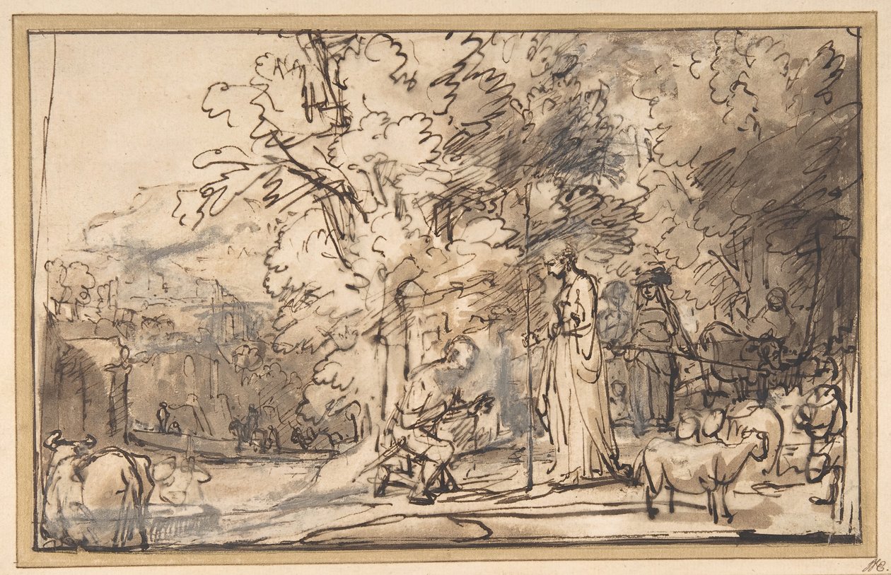 Mötet mellan Jakob och Rakel vid brunnen, 1640-49. av School of Rembrandt van Rijn