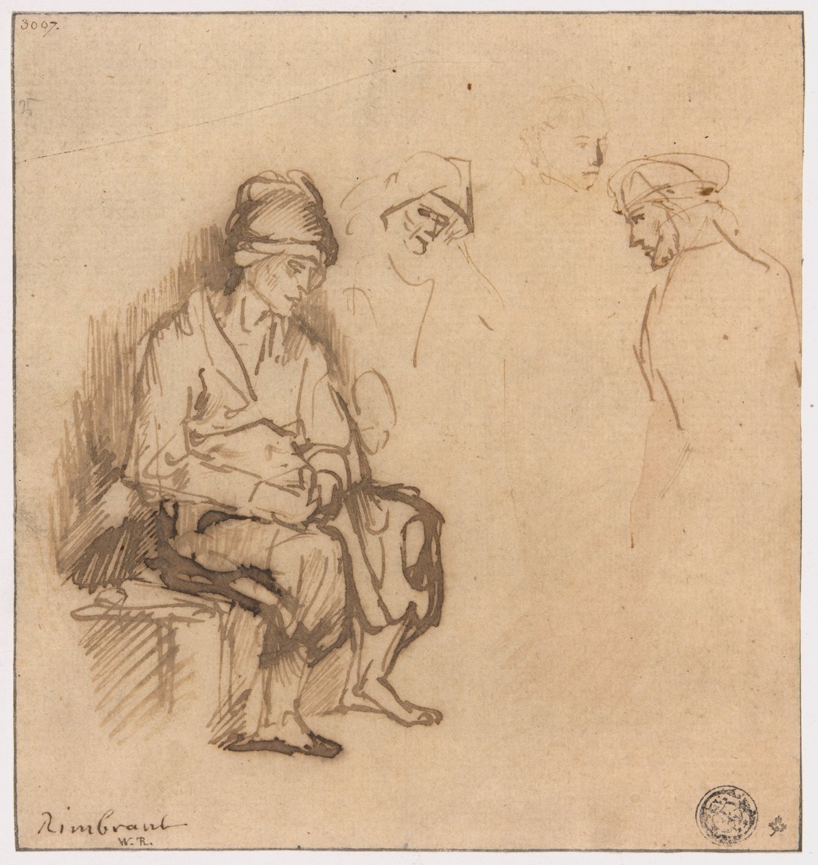 Kvinna som sitter på bänk och tre skisser av huvuden av School of Rembrandt van Rijn