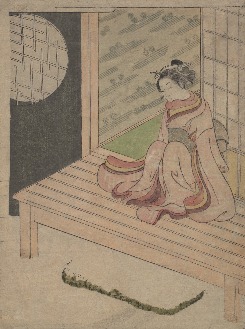 En ung kvinna som sitter på Engawa i ett hus, ca. 1765., ca. 1765. av School of Suzuki Harunobu