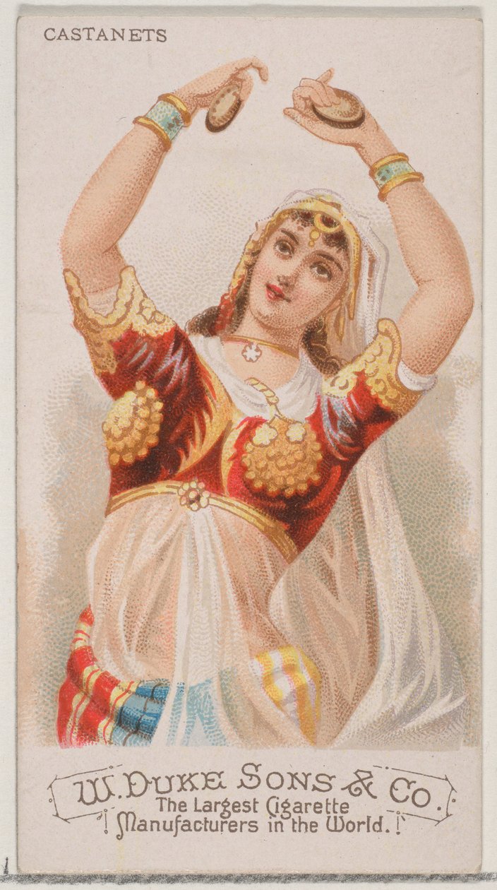 Kastanjetter, från musikinstrumentserien N82 för cigaretter av märket Duke, 1888., 1888. av Schumacher and Ettlinger