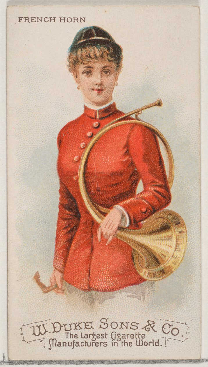 Fransk horn, från musikinstrumentserien N82 för cigaretter av märket Duke, 1888., 1888. av Schumacher and Ettlinger