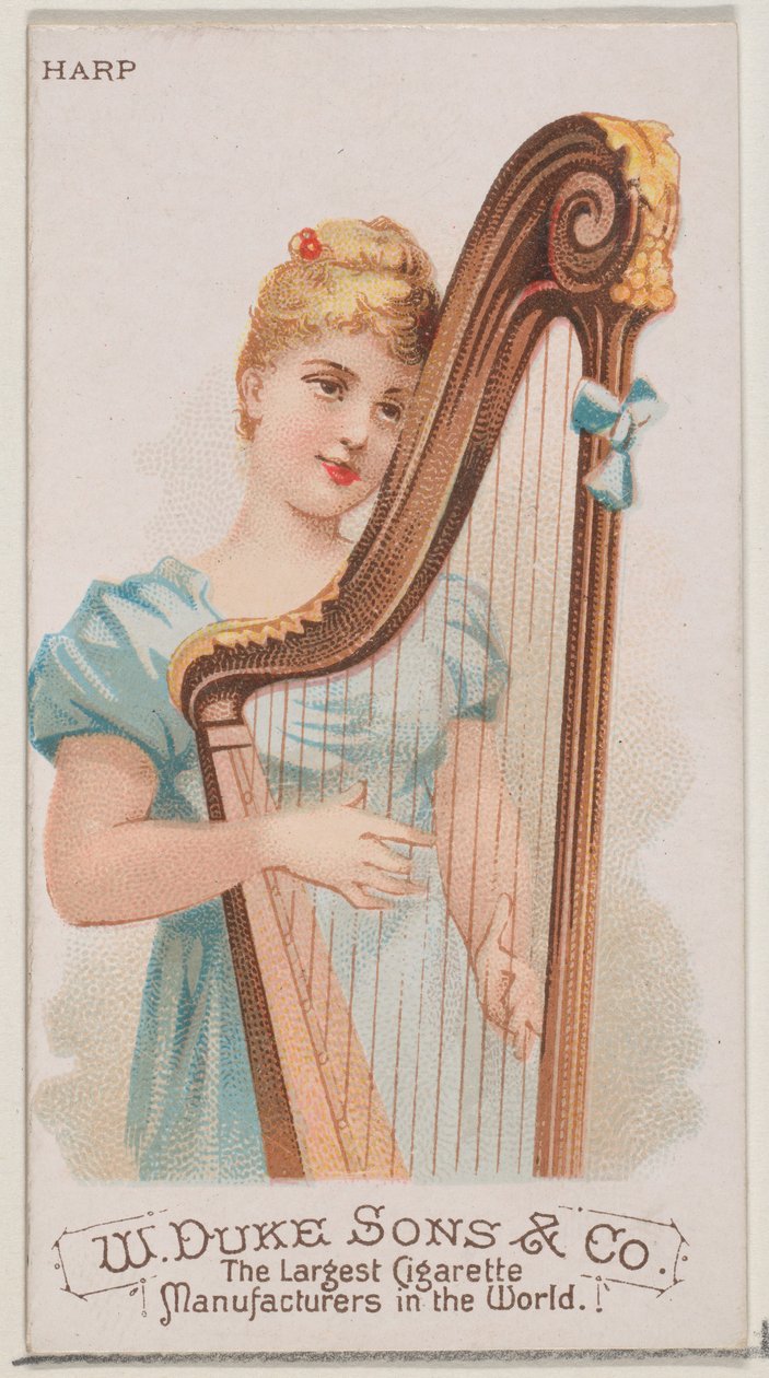 Harpa, från Musical Instruments-serien N82 för cigaretter av märket Duke, 1888., 1888. av Schumacher and Ettlinger
