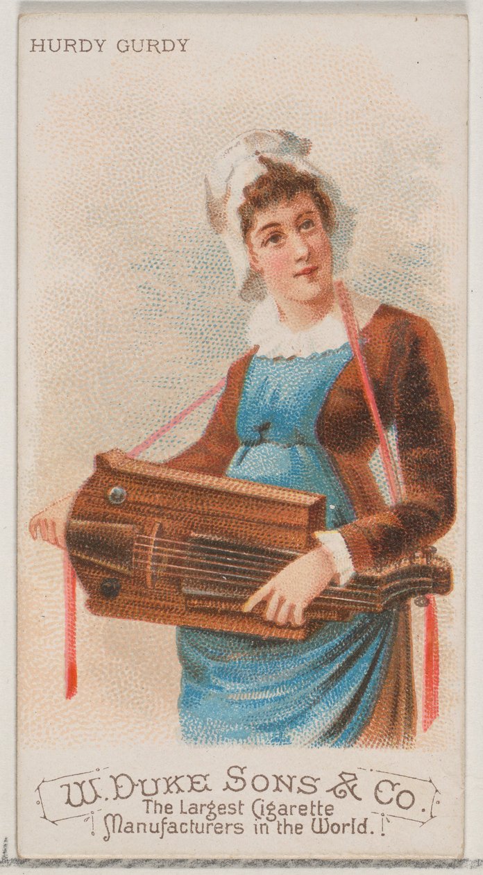 Hurdy Gurdy, från Musical Instruments-serien N82 för cigaretter av märket Duke, 1888., 1888. av Schumacher and Ettlinger