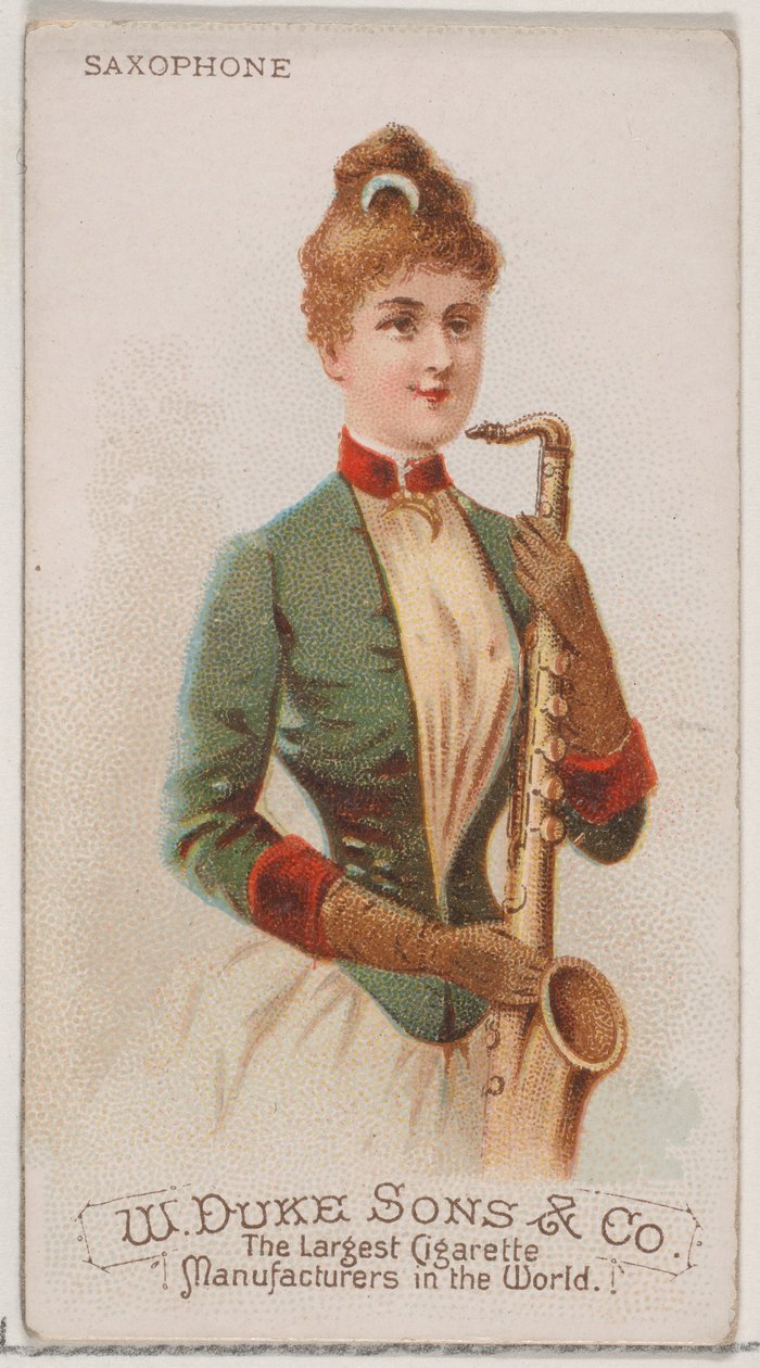 Saxofon, från Musical Instruments-serien N82 för cigaretter av märket Duke, 1888., 1888. av Schumacher and Ettlinger