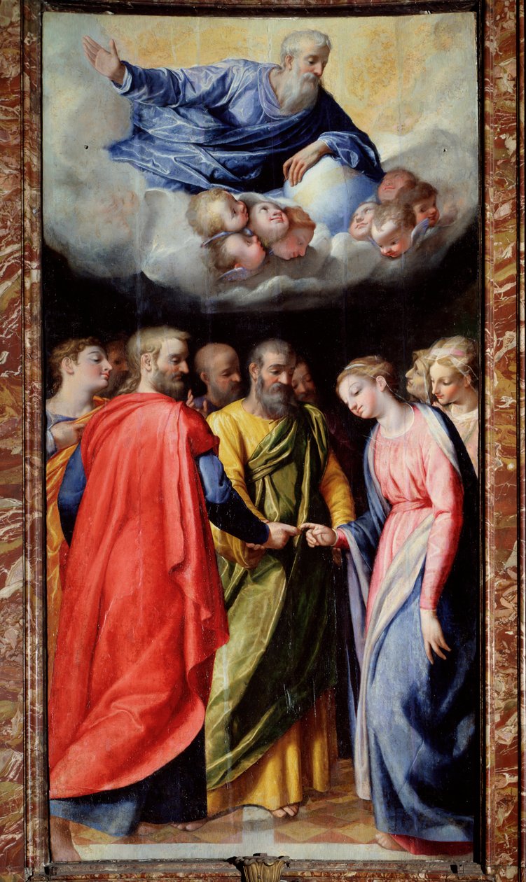 Jungfruns äktenskap Målning av Scipione Pulzone il Gaetano (1550-1598) och Giuseppe Valeriano (1542-1606) 1584-1588 Rom, Gesu-kyrkan, Madonna della Stradas kapell av Scipione Pulzone