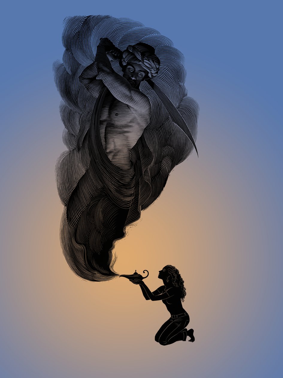 1001, 2006 (scratchboard, färglagd digitalt) av Scott McKowen