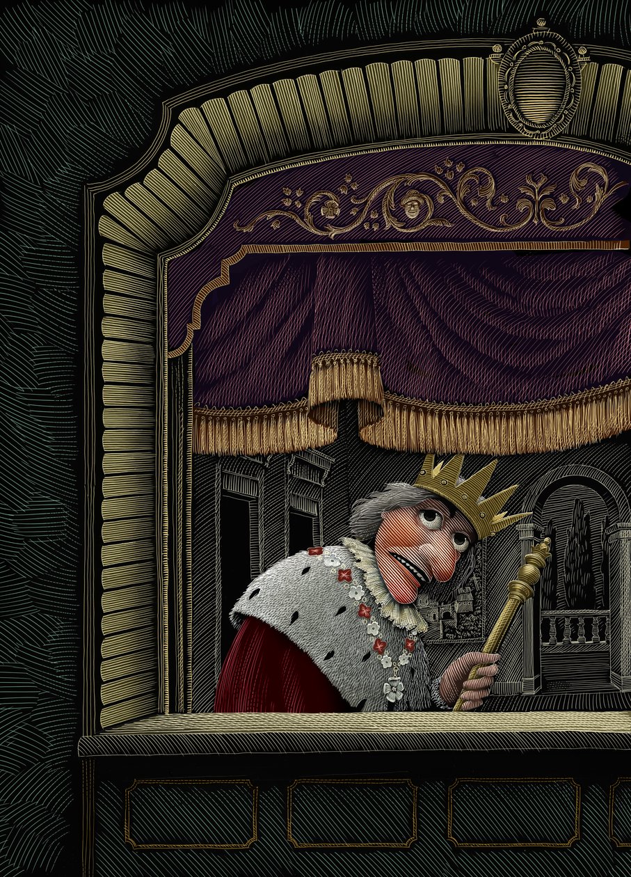 Exit the King, 2016 (skrapkartong, färglagd digitalt) av Scott McKowen