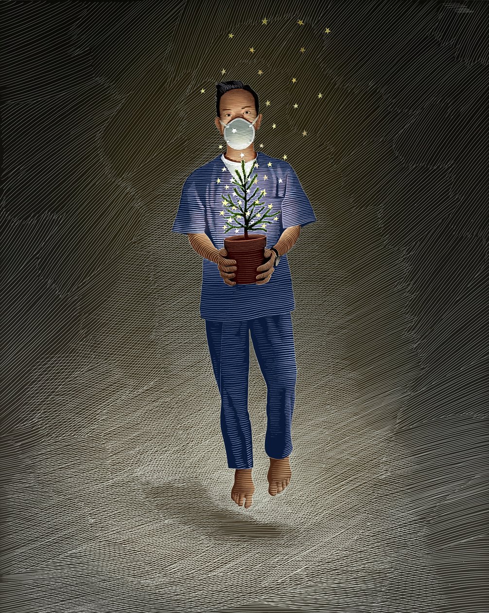 Nurse Angel, 2020 (scratchboard, färglagd digitalt) av Scott McKowen