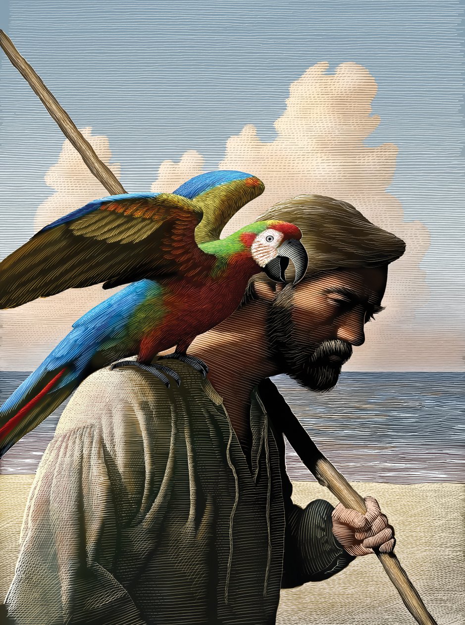 Robinson Crusoe, 2011 (skrapkartong, färglagd digitalt) av Scott McKowen
