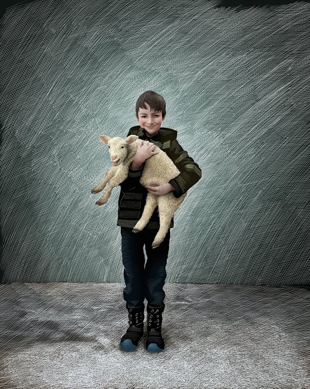 Herdepojke med lamm, 2017 (skrapskiss, färglagd digitalt) av Scott McKowen