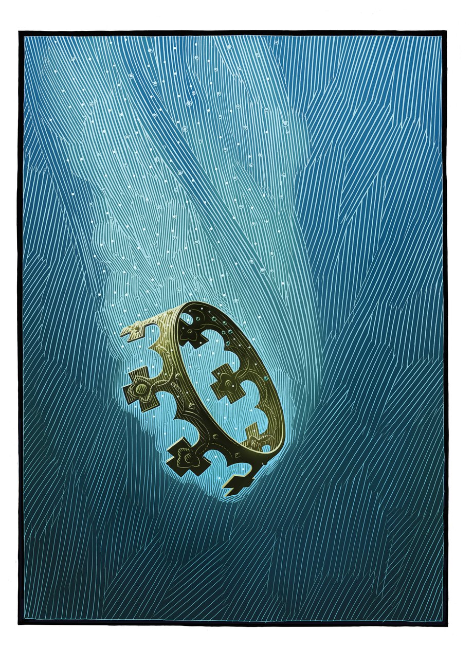The Fall of Arthur, 2013 (skrapkartong, färglagd digitalt) av Scott McKowen