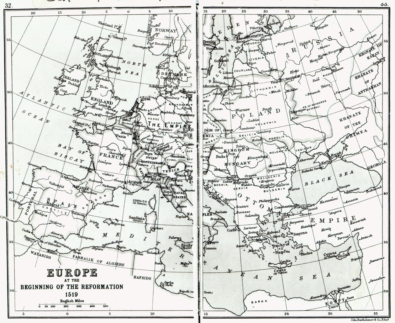 Europa 1519, i början av reformationen, pub. av John Bartholomew and Co., Edinburgh av Scottish School