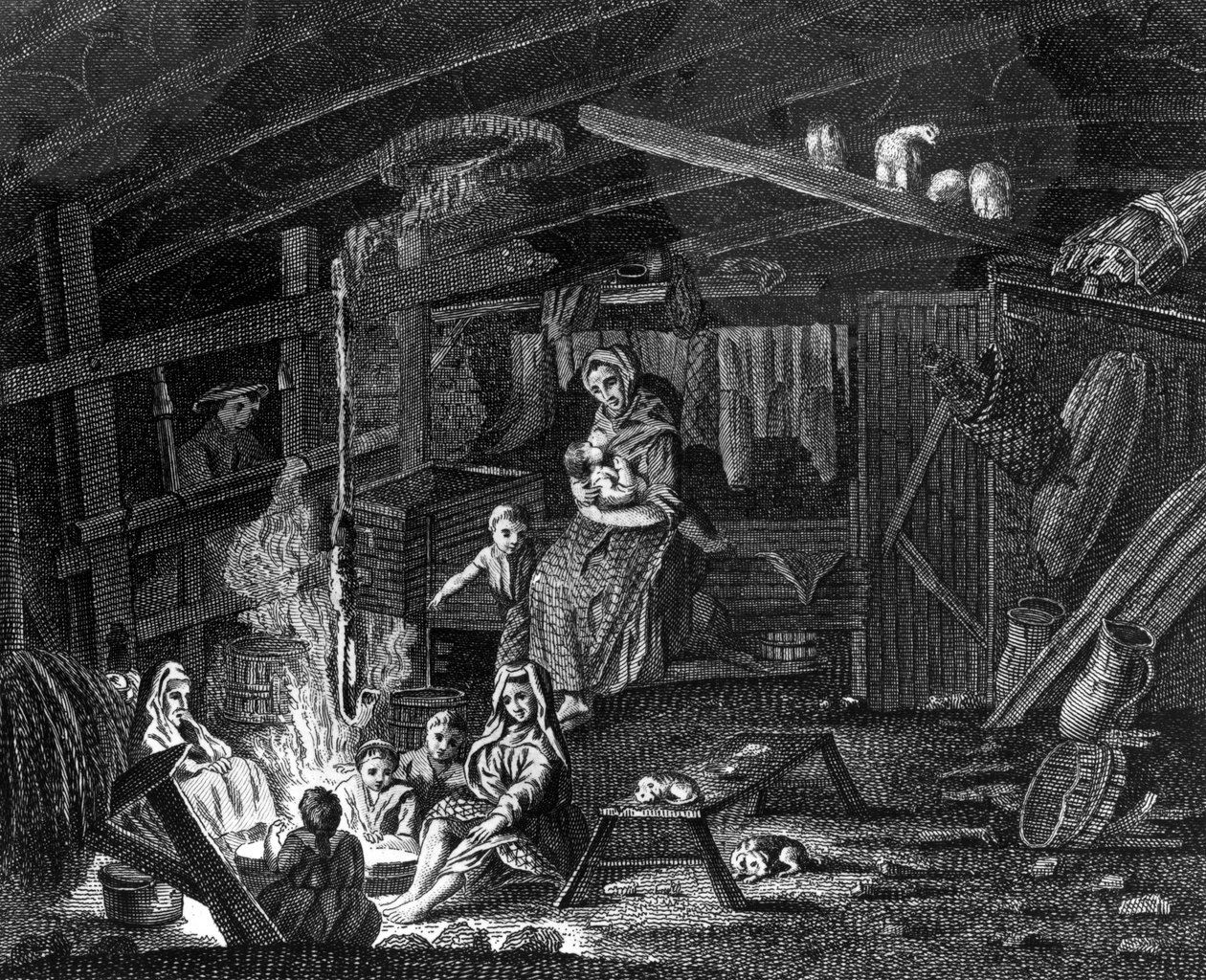 Insidan av en Weavers Cottage i Ilay, illustration från "A Tour in Scotland" av Thomas Pennant, publicerad 1769 av Scottish School