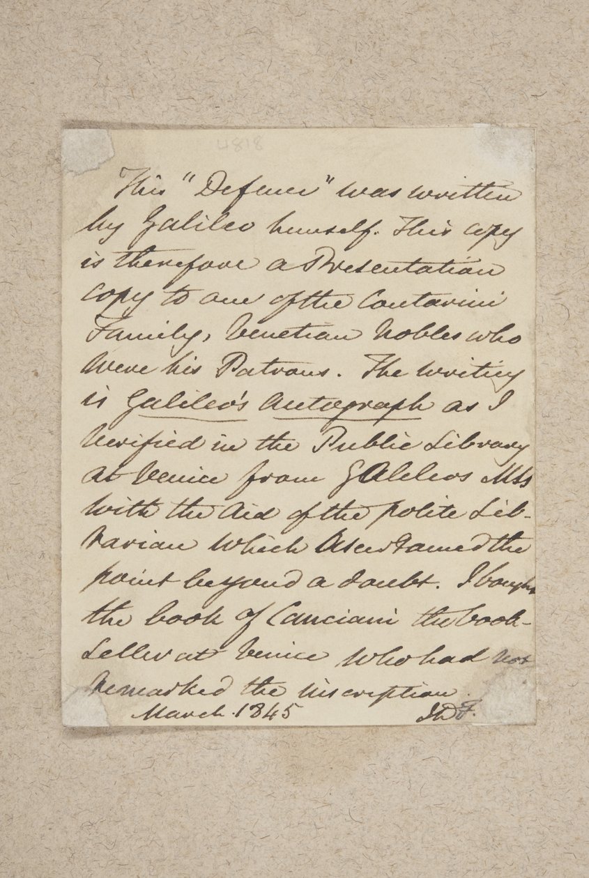Anteckning klistrad på framsidan av Difesa, av Galileo, 1845 (penna och bläck på papper) av Scottish School