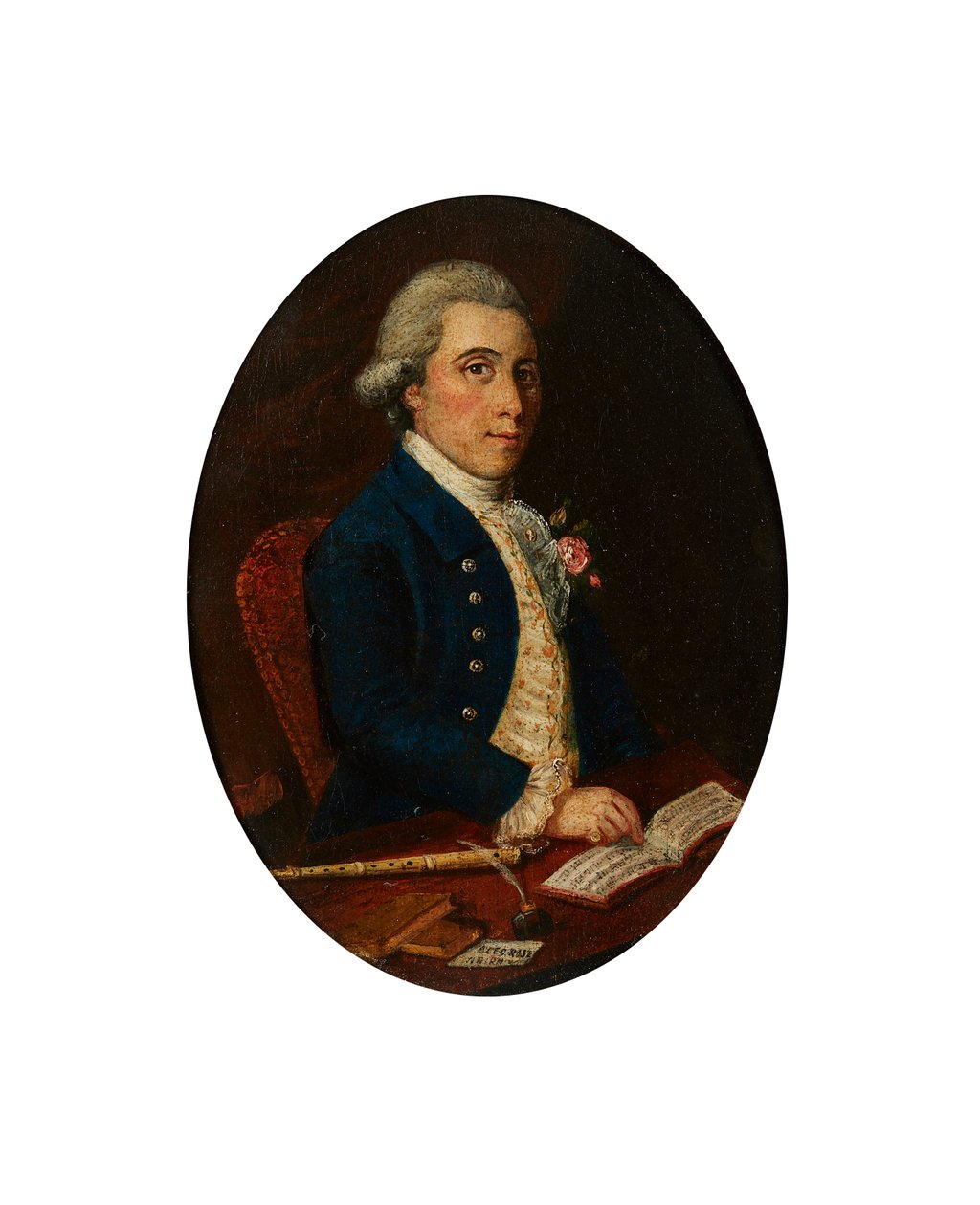 Alex Rose från Nairn, With His Flute and Book of Music (olja på duk) av Scottish School