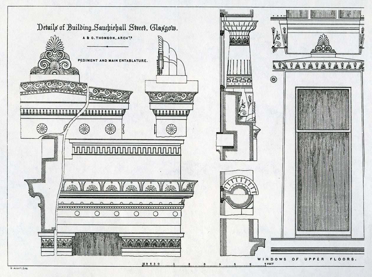 Arkitektoniska detaljer för Grecian Chambers, 336-356 Sauchiehall Street, Glasgow, designad av Alexander Greek Thomson, 1869 av Scottish School