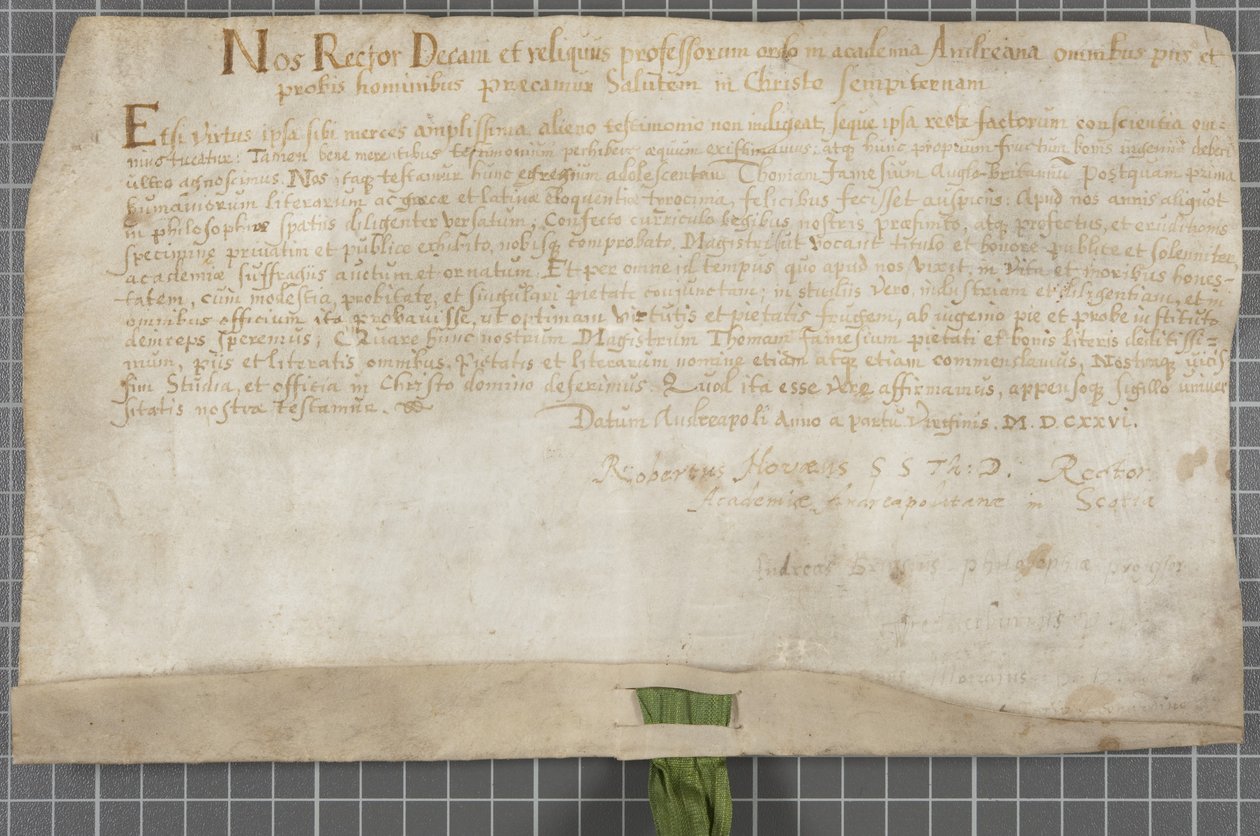 Diplom utfärdat av universitetet till Thomas James av Scottish School