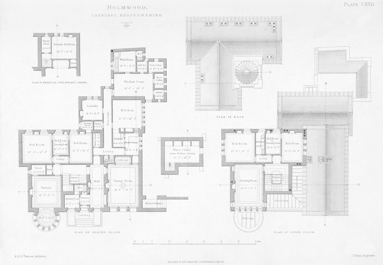 Exteriör och interiör vy av Holmwood, Glasgow (gravyr) av Scottish School