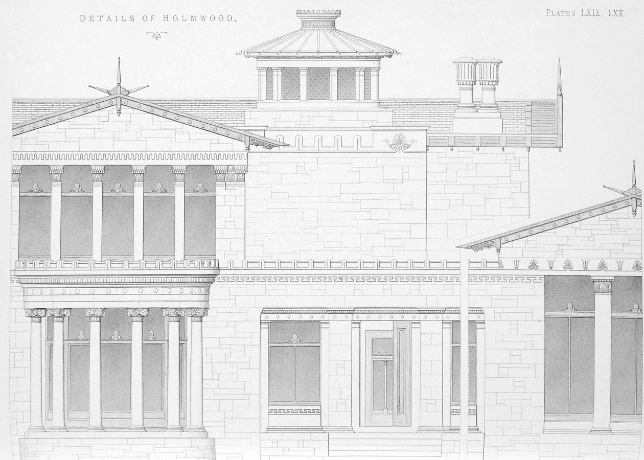 Exteriör detaljvy av Holmwood, Glasgow (gravyr) av Scottish School
