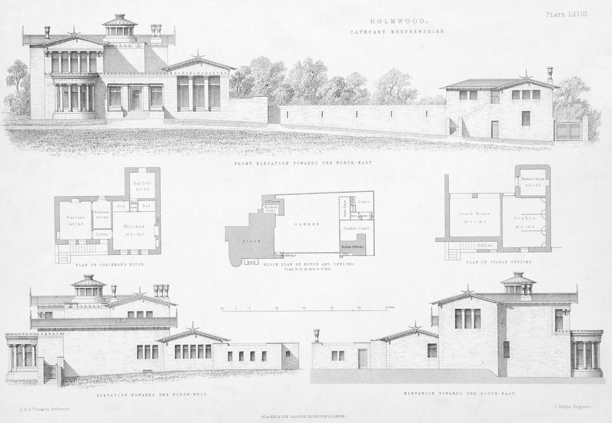 Exteriördetaljer av Holmwood, Glasgow (gravyr) av Scottish School