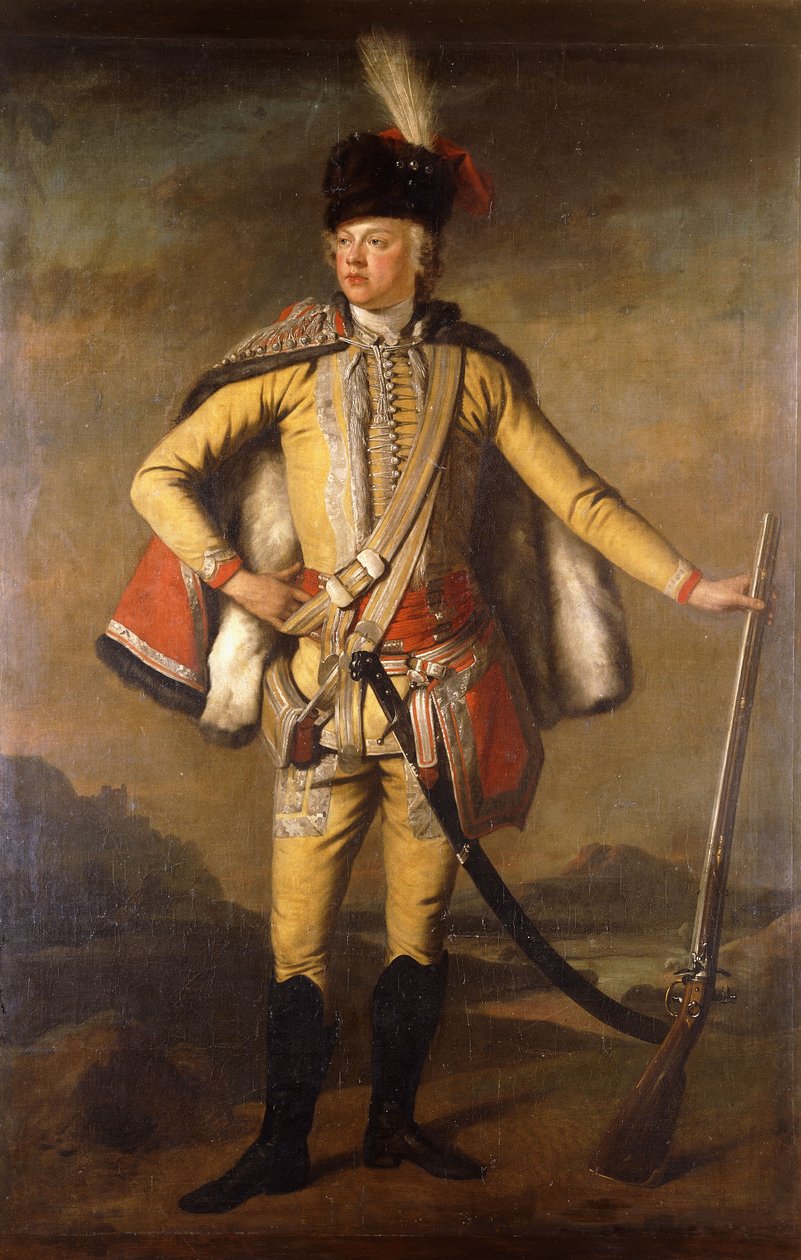 Porträtt av John Lindsay, 20:e Earl of Crawford och Lindsay, full längd, i Hussar Uniform, med en Flintlock Musket, a Landscape beyond, c.1745 av Scottish School