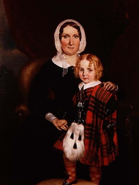 Porträtt av en skotsk kvinna med sin unga son i höglandsklänning, ca 1860 (olja på duk) av Scottish School
