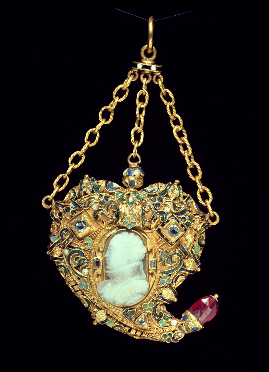 Medaljongset, bärande ett porträtt av Mary, Queen of Scots (1542-87) sent 1500-tal (guld och onyx) av Scottish School