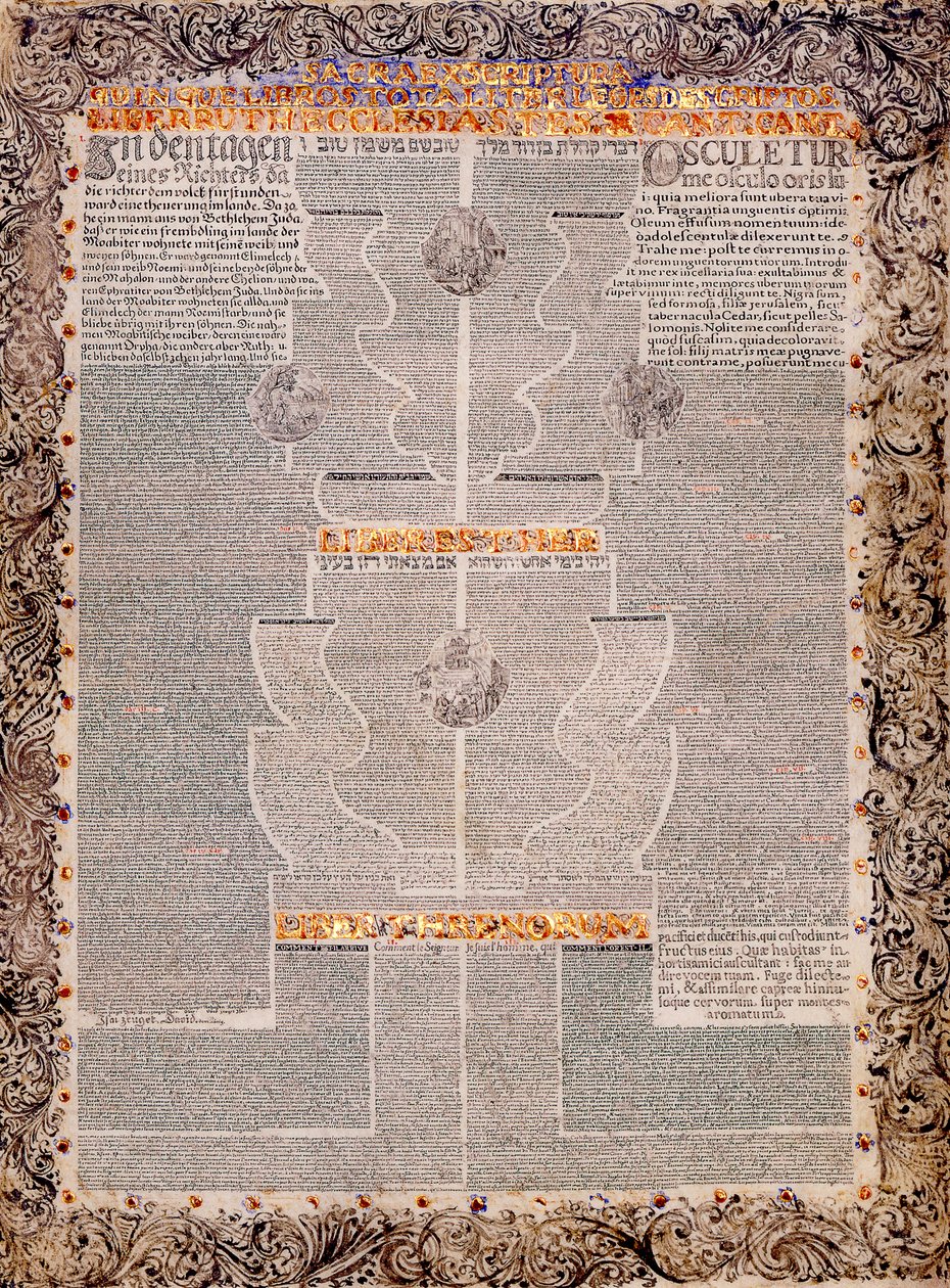 De fem rullarna i flerspråkig mikrografi Ruth, Song of Songs, Ecclesiastes, Esther och Lamentat ... av Scribe and illuminator  Aaron Wolf Herlingen