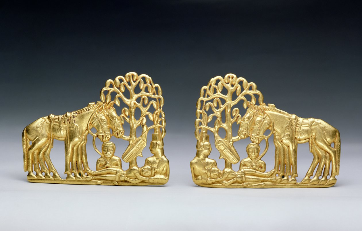 Par bälteslås med tre figurer, från Peter I:s sibiriska samling, från Altai, 400-talet f.Kr. (guld) av Scythian