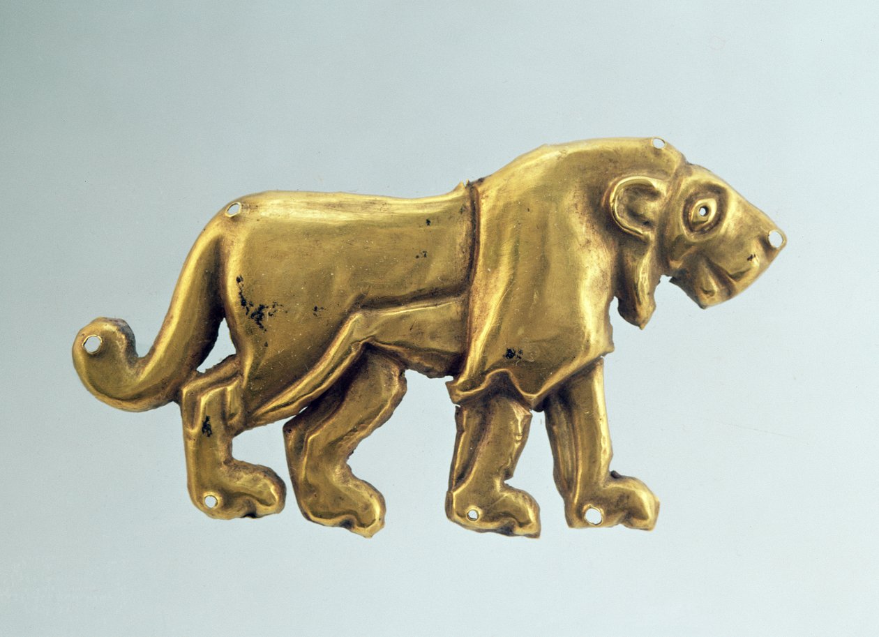 Stridande lejon, prydnad från ett begravningstak, sent 3:e årtusendet f.Kr. (guld) av Scythian